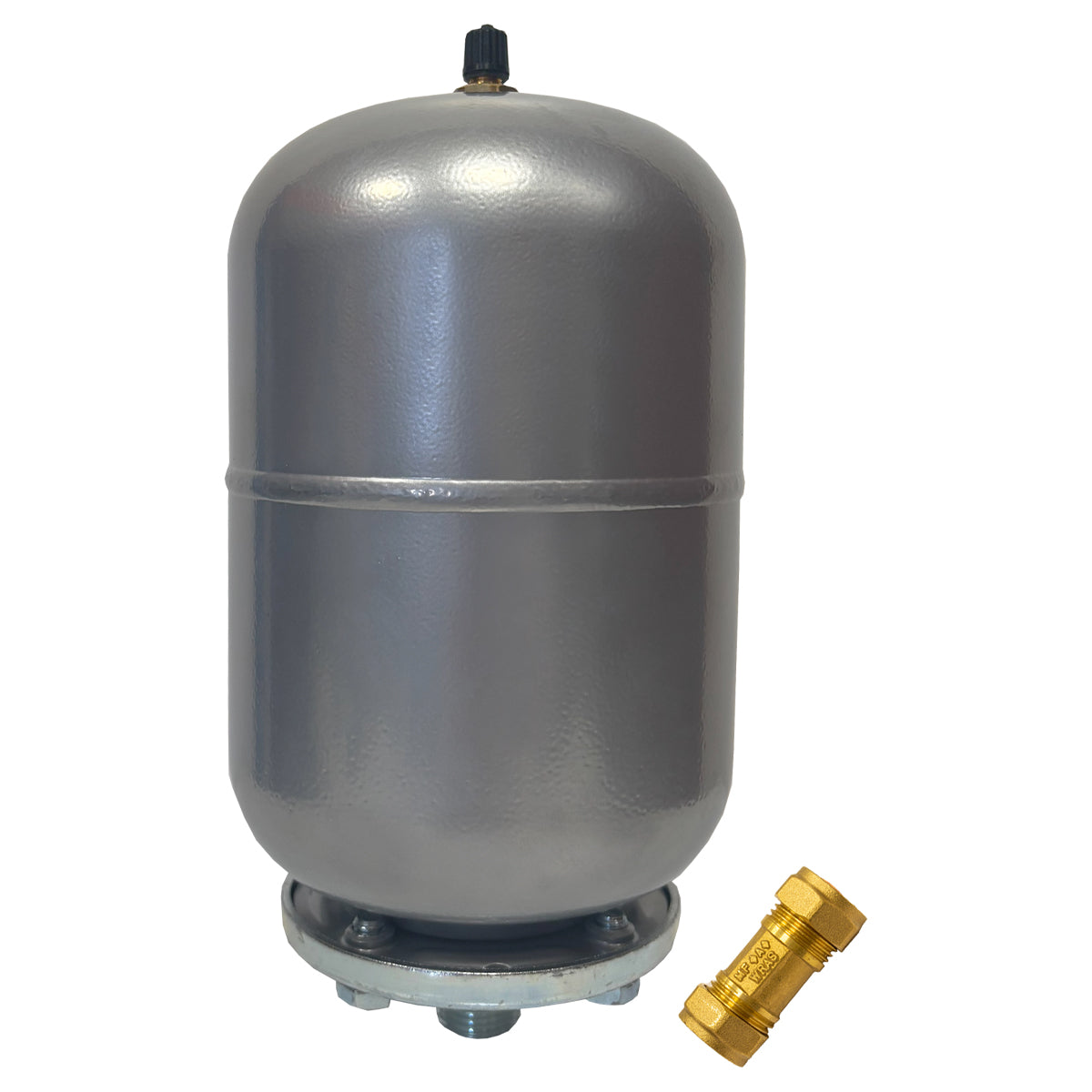 2 Litre Silver Potable Expansion Vessel/ Tank with 15mm Check Valve/ Non Return Valve on White Background